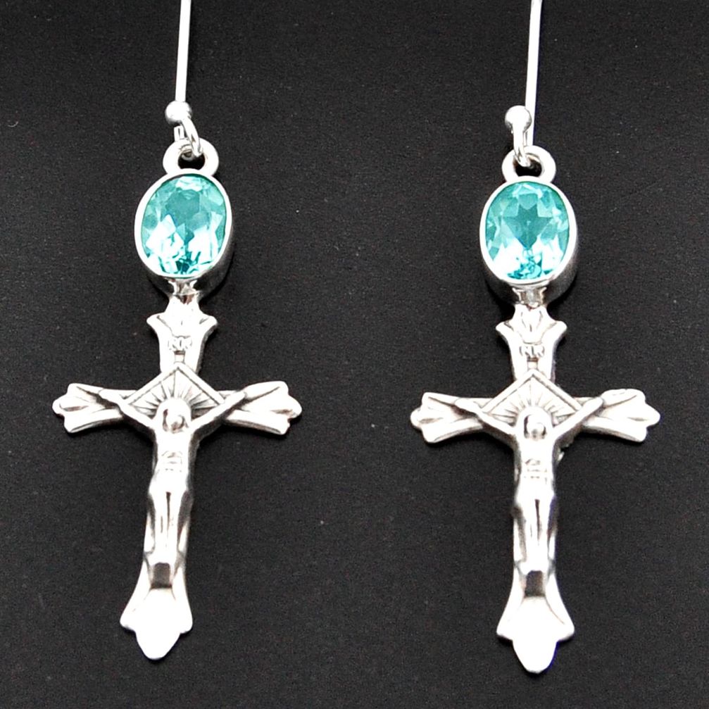 4.21cts natural blue topaz 925 sterling silver holy cross earrings d38301