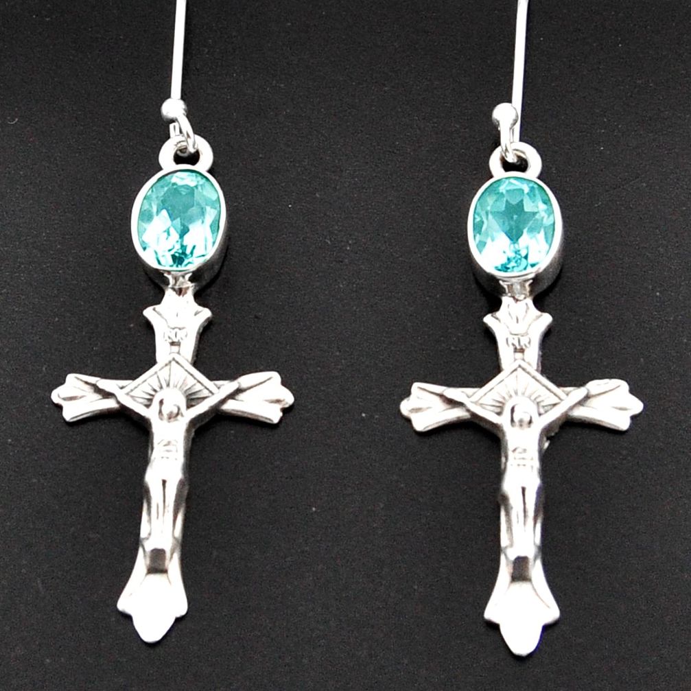 4.19cts natural blue topaz 925 sterling silver holy cross earrings d38302