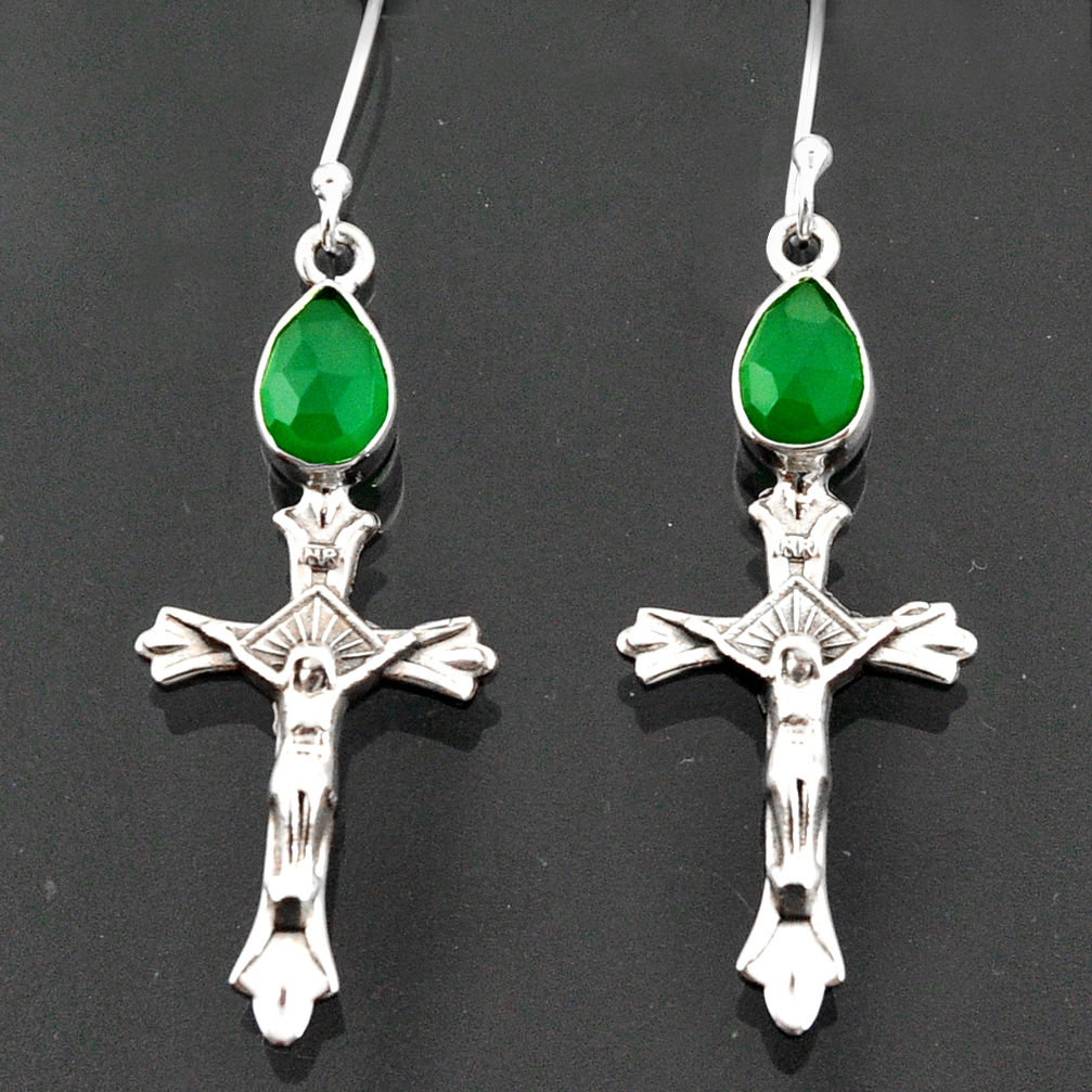 925 sterling silver 4.52cts natural green chalcedony holy cross earrings d38304