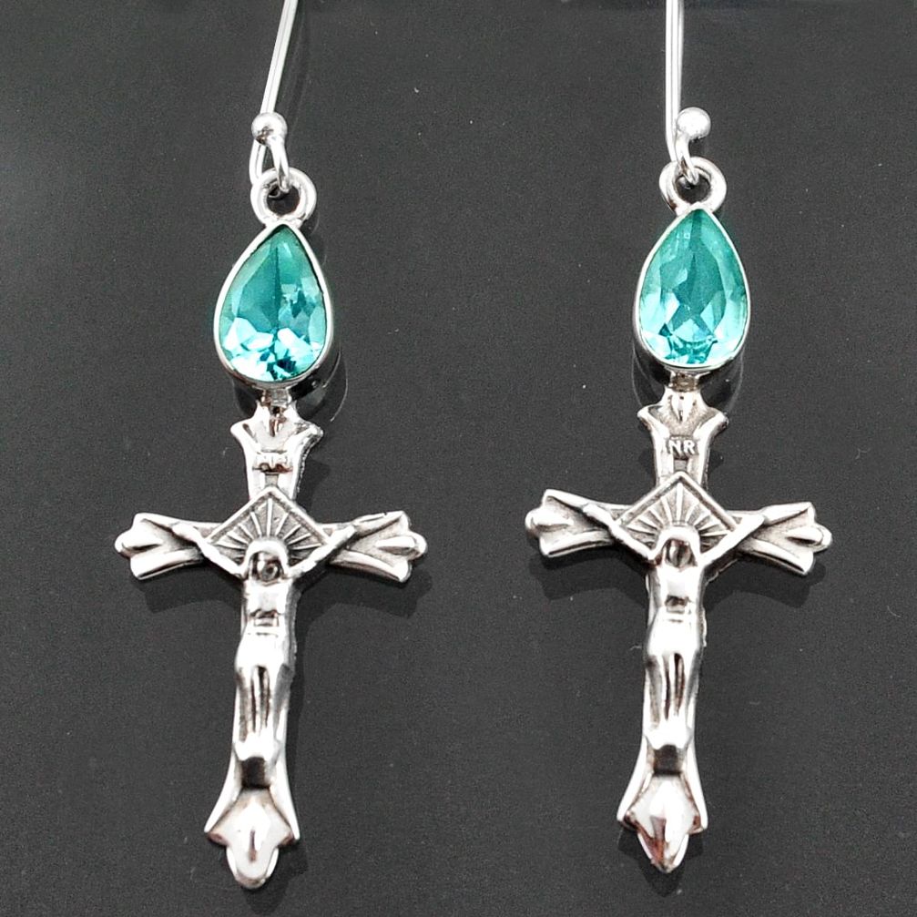 4.72cts natural blue topaz 925 sterling silver holy cross earrings d38306