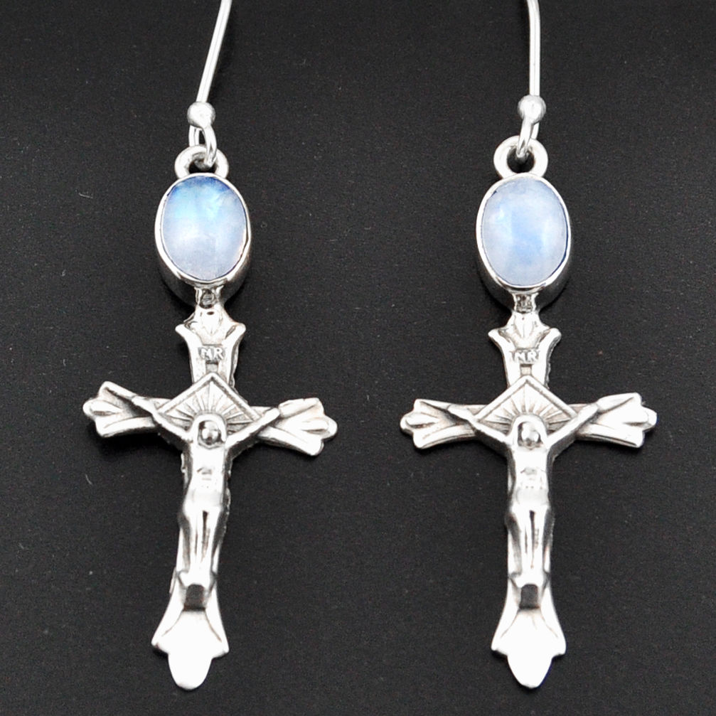 4.53cts natural rainbow moonstone 925 sterling silver holy cross earrings d38315