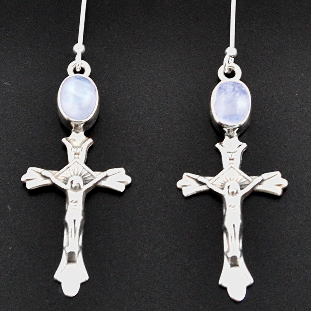 4.52cts natural rainbow moonstone 925 sterling silver holy cross earrings d38316