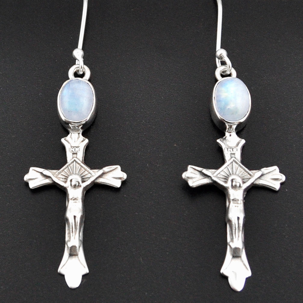 4.52cts natural rainbow moonstone 925 sterling silver holy cross earrings d38318