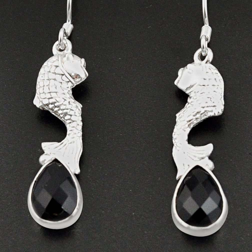 4.52cts natural black onyx 925 sterling silver fish earrings jewelry d38323