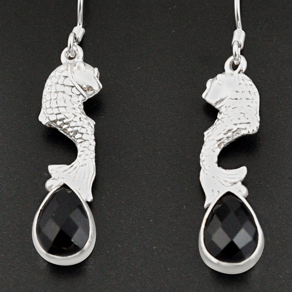 925 sterling silver 5.51cts natural black onyx fish earrings jewelry d38324