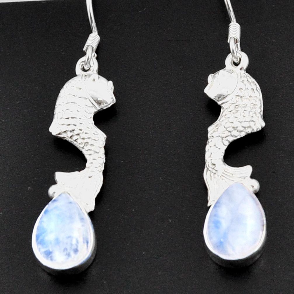 5.75cts natural rainbow moonstone 925 sterling silver fish earrings d38334