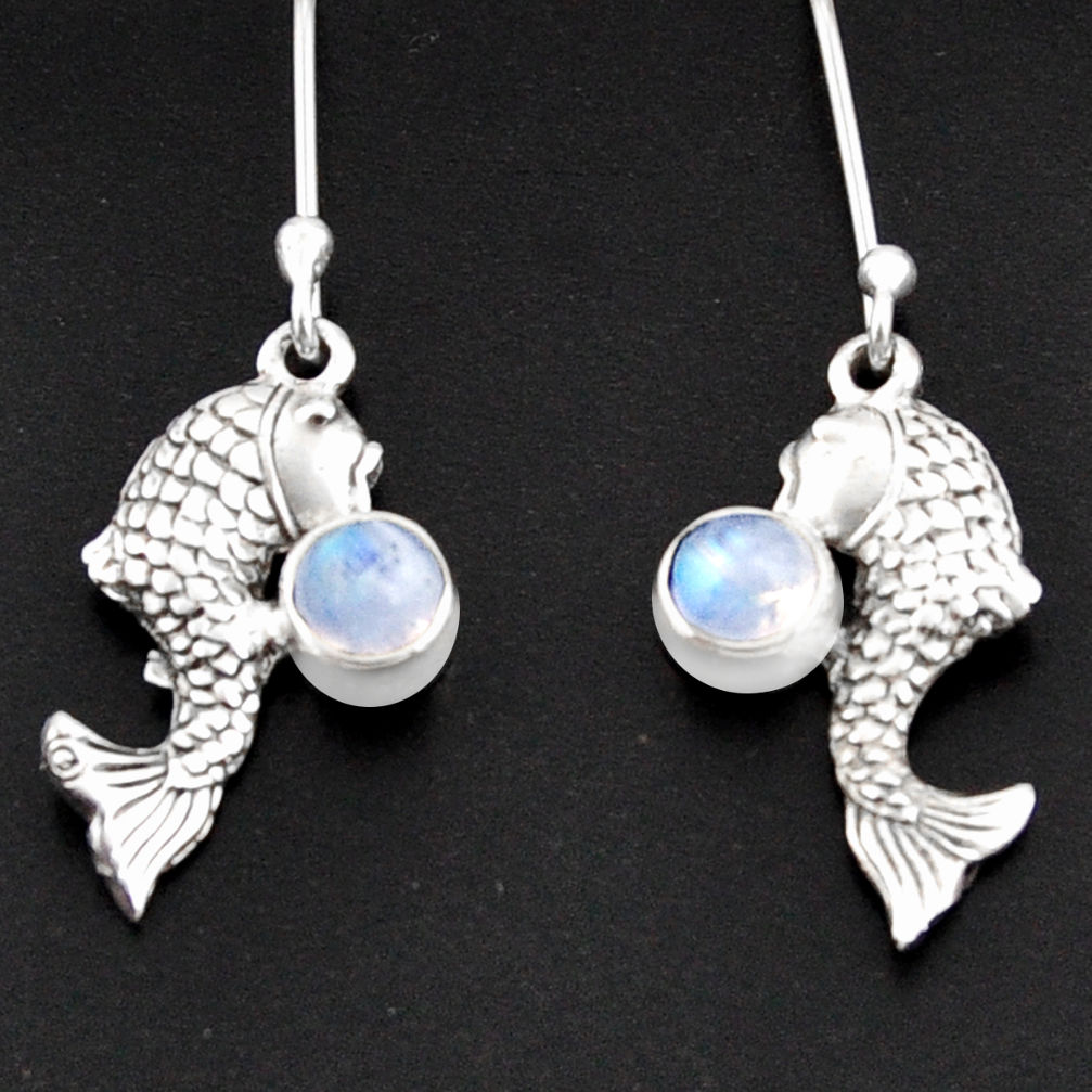 1.61cts natural rainbow moonstone 925 sterling silver fish earrings d38338