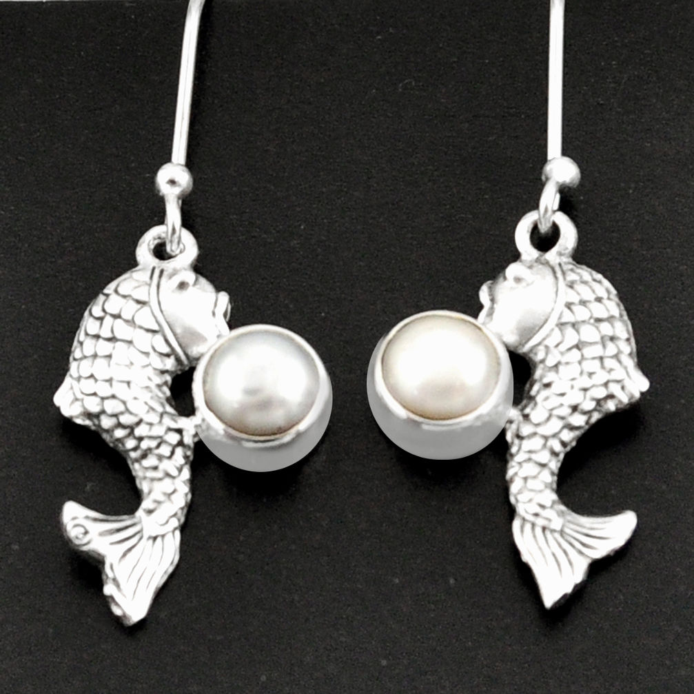 2.23cts natural white pearl 925 sterling silver fish earrings jewelry d38342