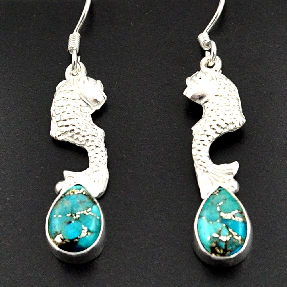5.28cts blue copper turquoise 925 sterling silver fish earrings jewelry d38353