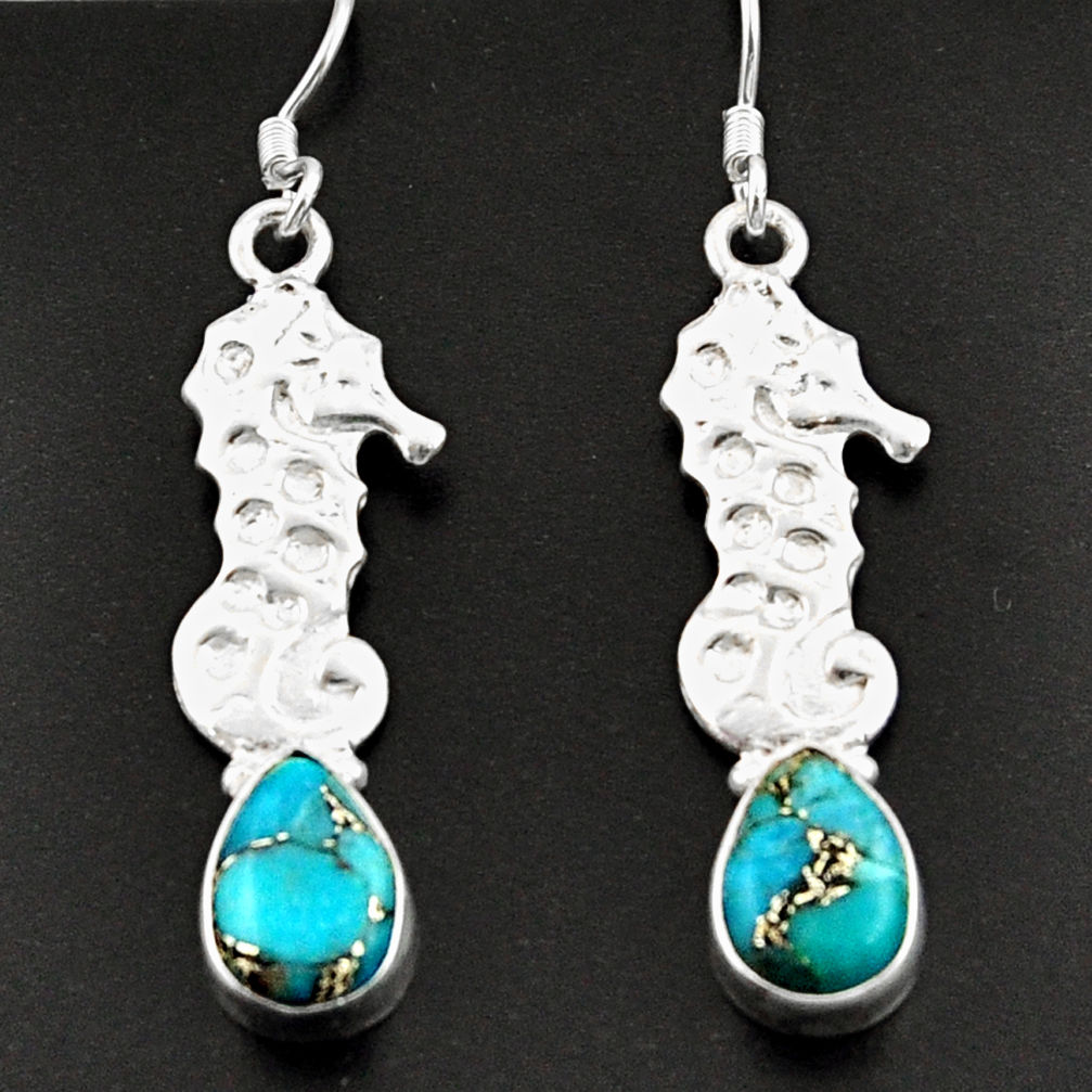 925 silver 4.70cts blue copper turquoise dangle seahorse earrings jewelry d38357