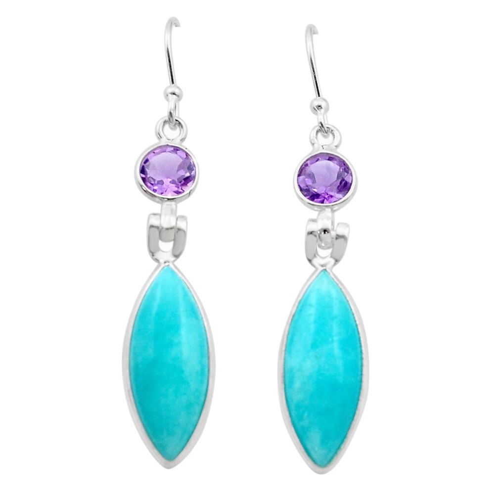 12.00cts natural blue amazonite rough amethyst 925 silver dangle earrings