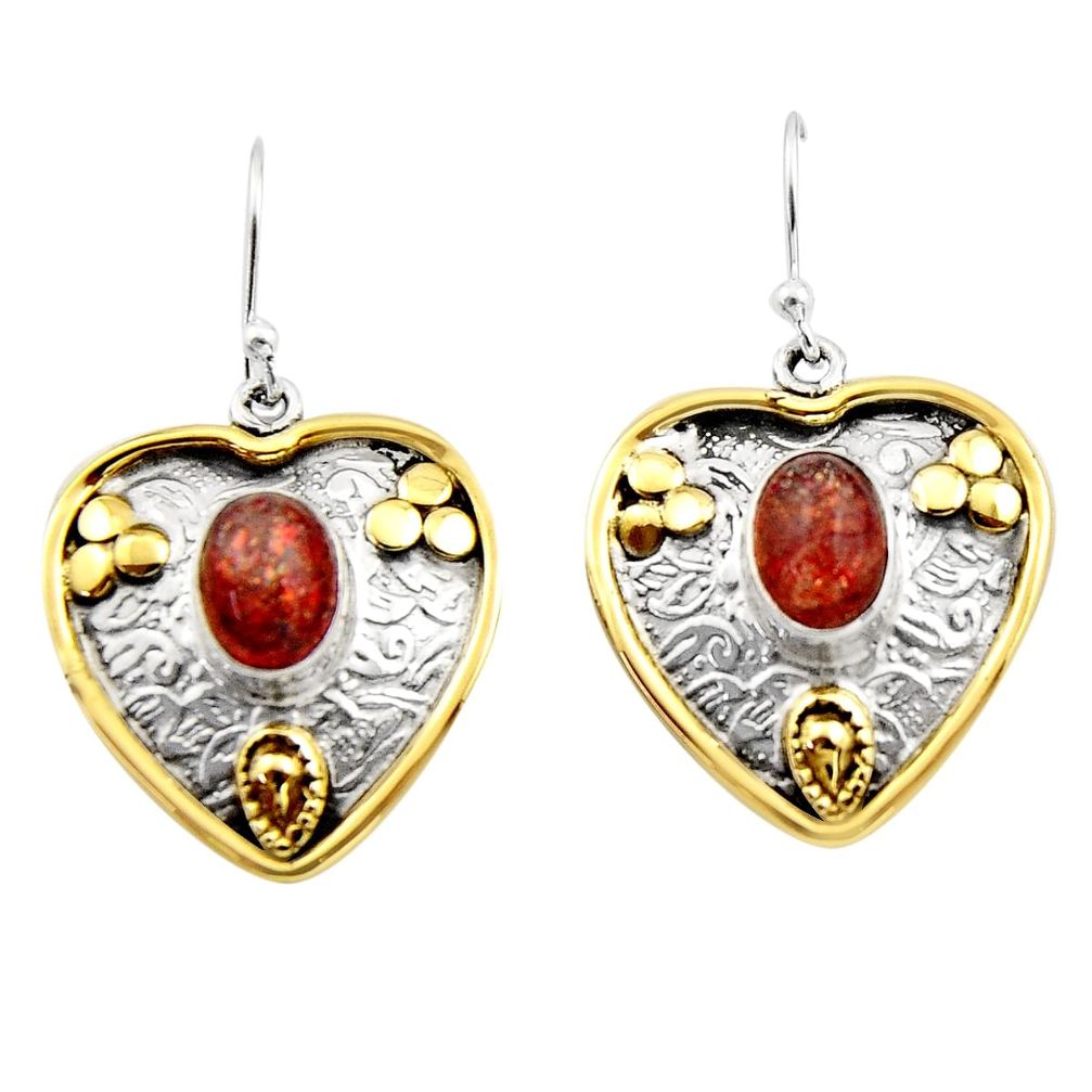 4.82cts victorian natural orange sunstone 925 silver two tone earrings r17287