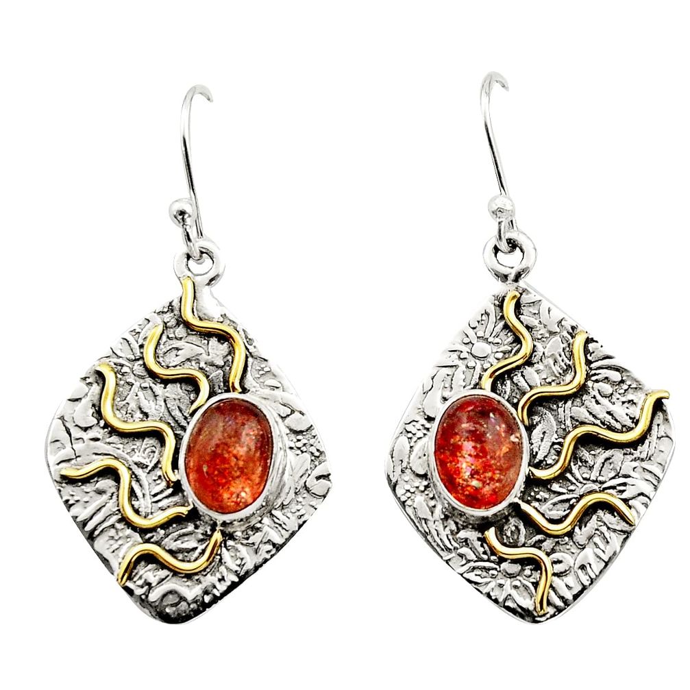 3.98cts victorian natural orange sunstone 925 silver two tone earrings r17290