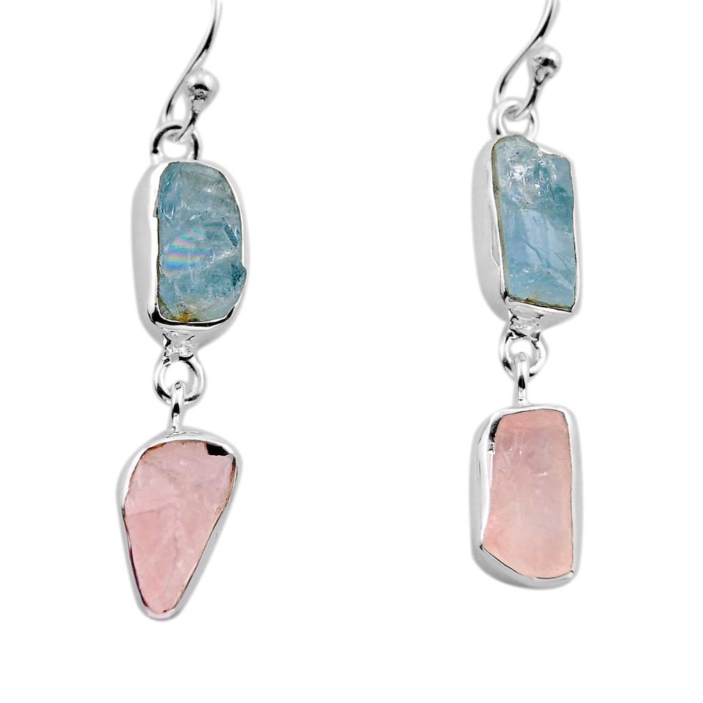 11.19cts aqua aquamarine rose quartz rough 925 silver dangle earrings y94755