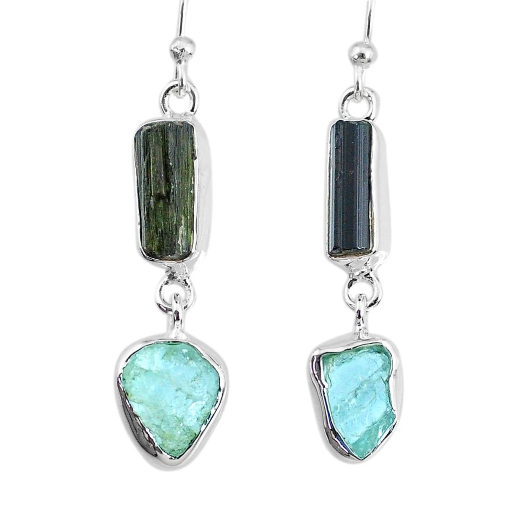 11.25cts aquamarine black tourmaline raw silver dangle handmade earrings r74313