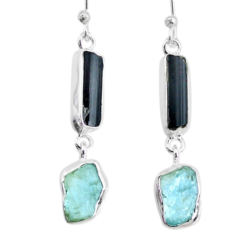 11.64cts aquamarine black tourmaline raw silver dangle handmade earrings r74316