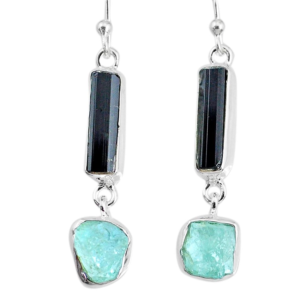 12.63cts aquamarine black tourmaline raw silver dangle handmade earrings r74317