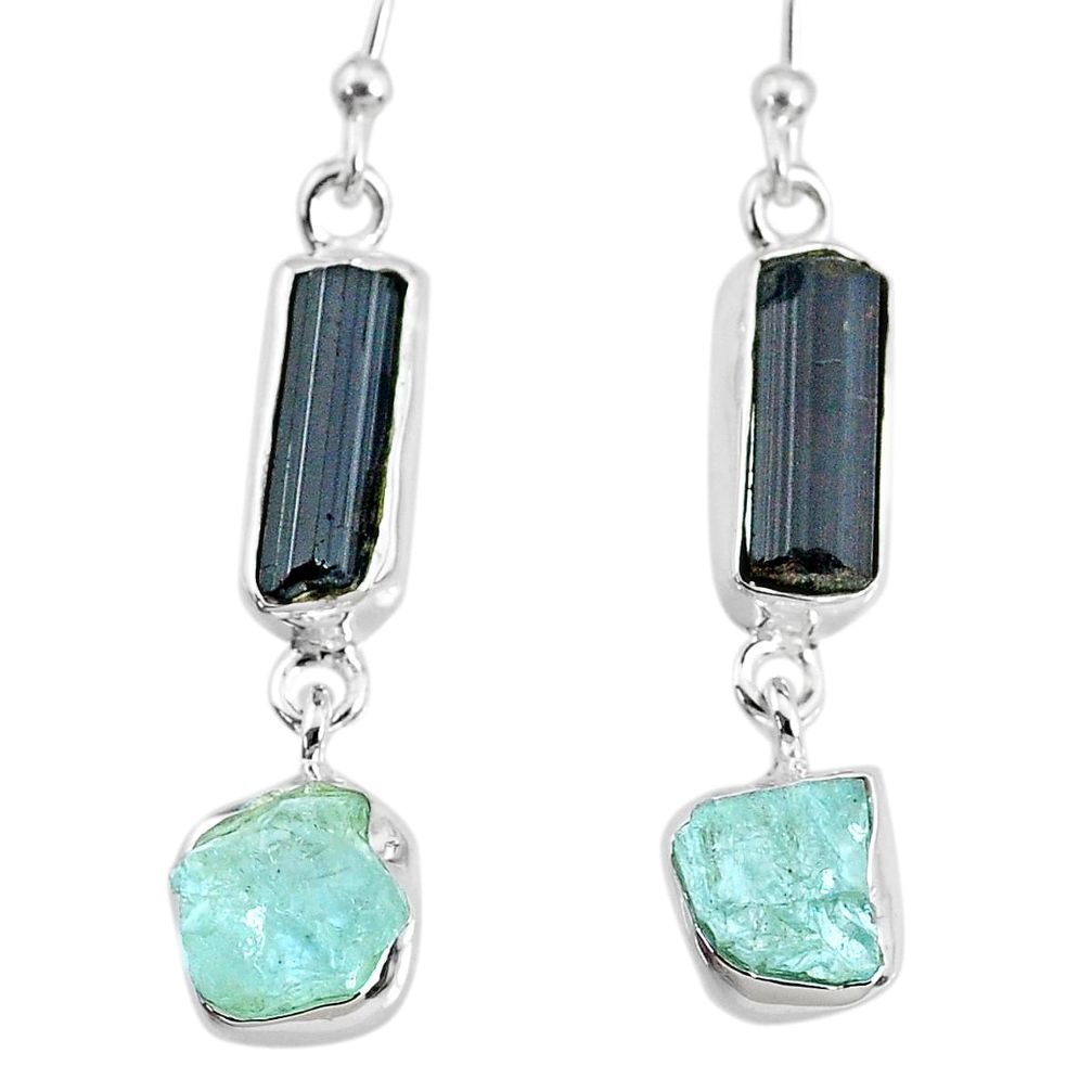 12.10cts aquamarine black tourmaline raw silver dangle handmade earrings r74319