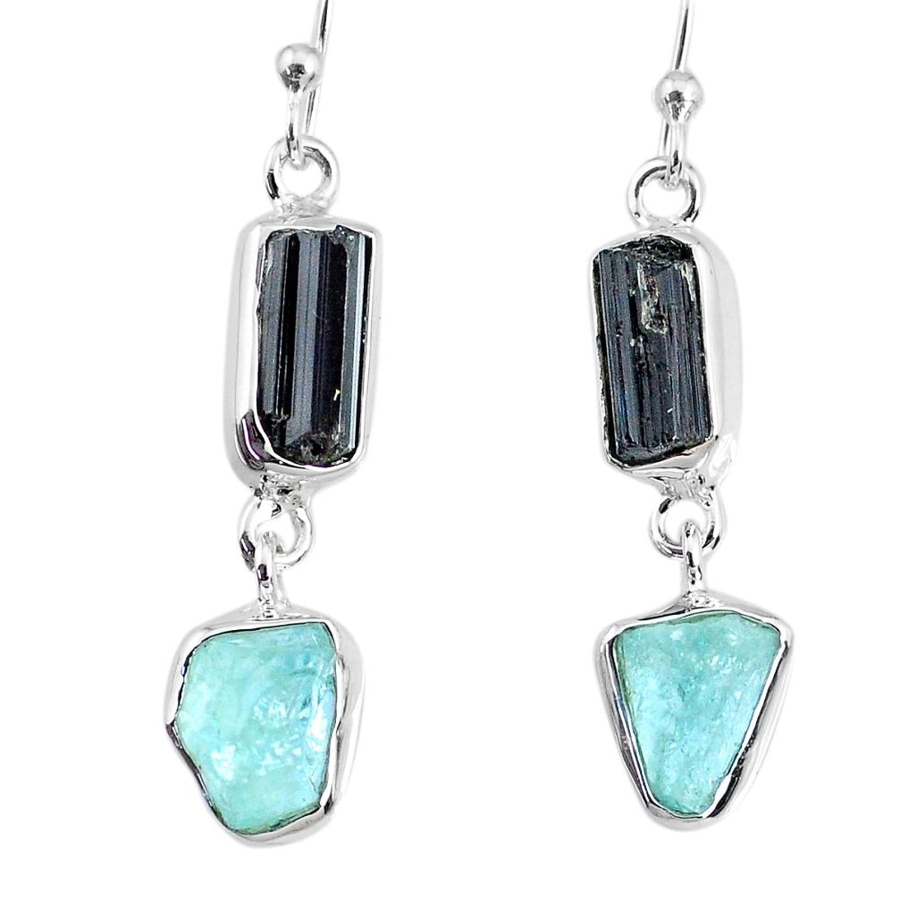 11.57cts aquamarine black tourmaline raw silver dangle handmade earrings r74320