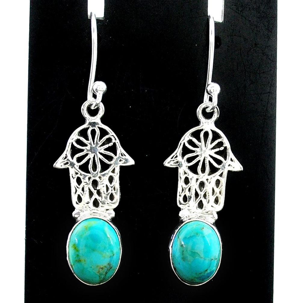 5.87cts arizona mohave turquoise 925 silver hand of god hamsa earrings t37347
