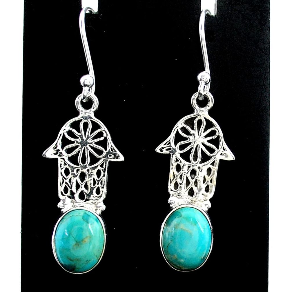 5.84cts arizona mohave turquoise 925 silver hand of god hamsa earrings t37348