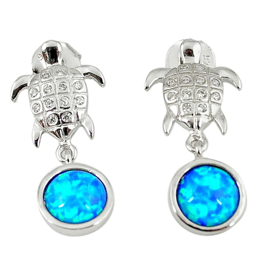 3.65cts blue australian opal (lab) topaz 925 silver tortoise earrings c15526