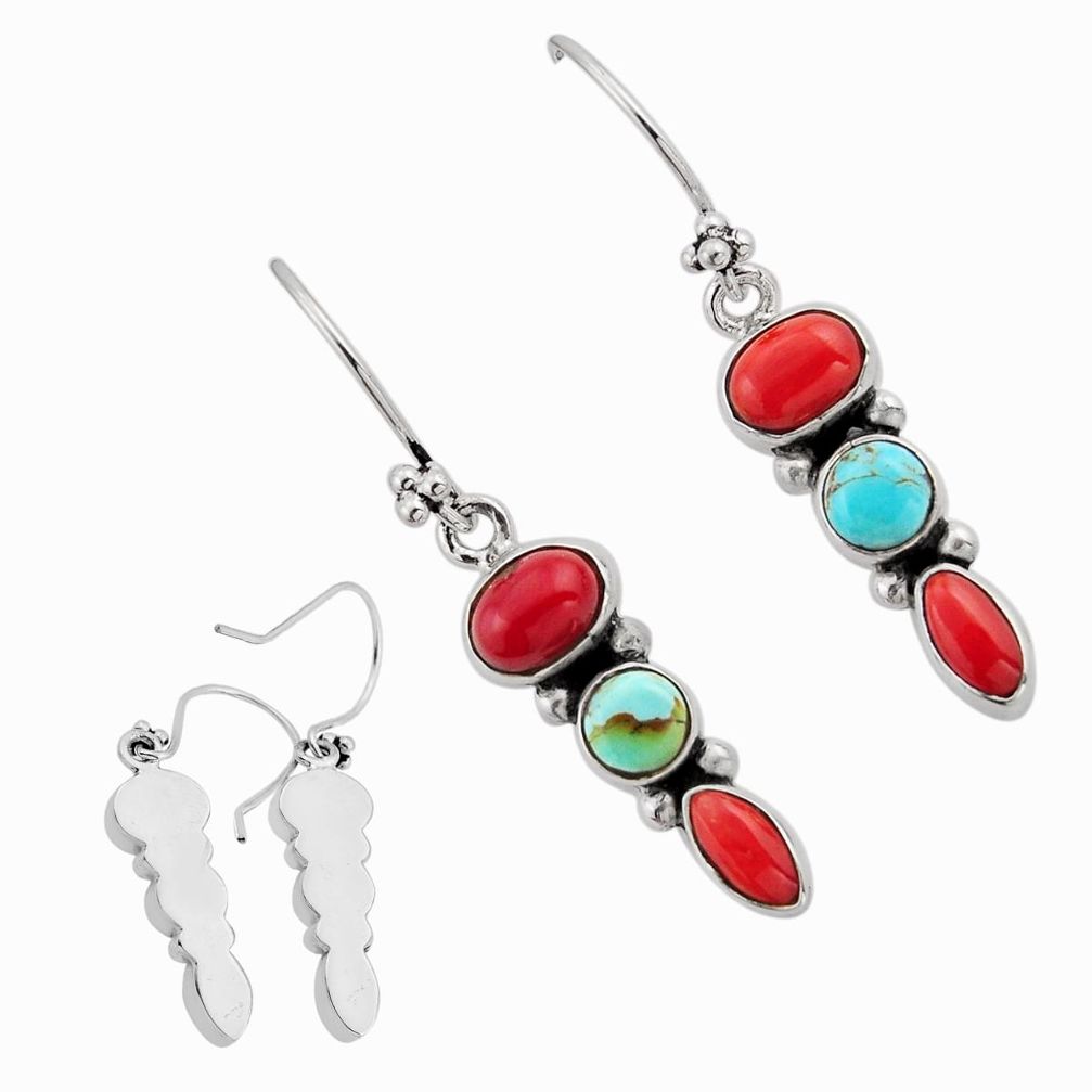 7.13cts back closed red coral kingman turquoise silver earrings jewelry c33209