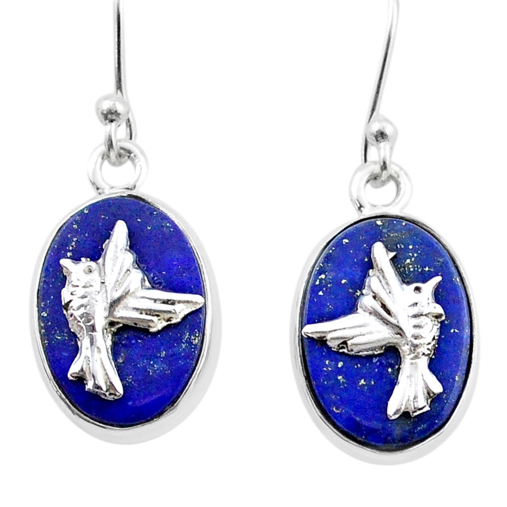 10.56cts birds charm natural blue lapis lazuli 925 silver dangle coin enamel earrings u34662
