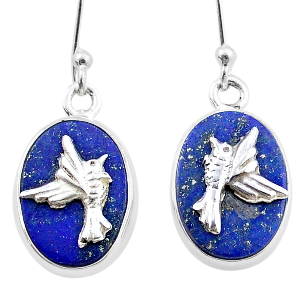 10.44cts birds charm natural blue lapis lazuli 925 silver dangle coin enamel earrings u34665