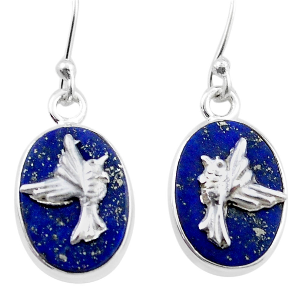 10.44cts birds charm natural blue lapis lazuli 925 silver dangle coin enamel earrings u34669