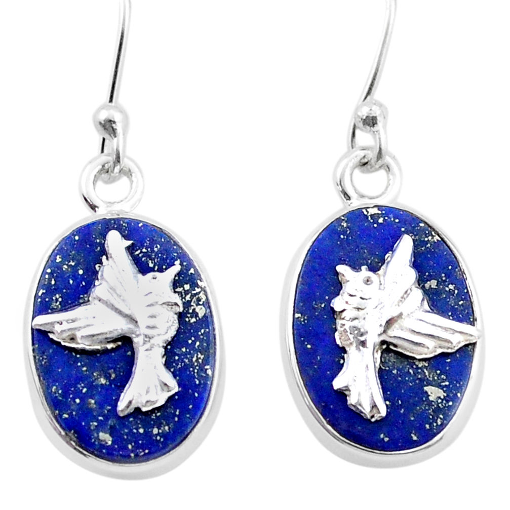 10.44cts birds charm natural blue lapis lazuli 925 silver dangle coin enamel earrings u34670