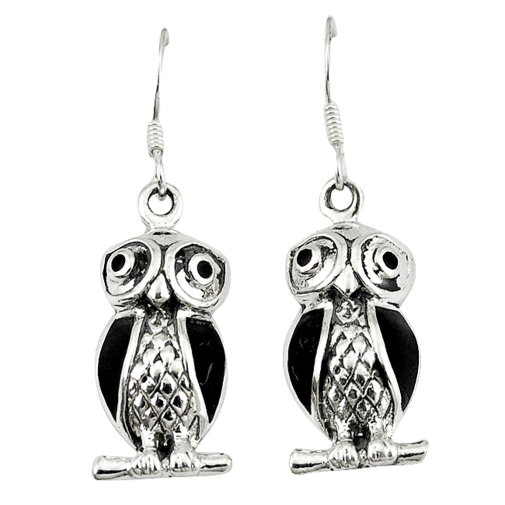 Black onyx enamel 925 sterling silver owl earrings jewelry c11851