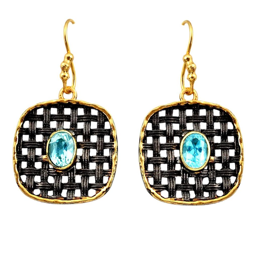 3.56cts black rhodium natural blue topaz 925 silver gold dangle earrings d45708