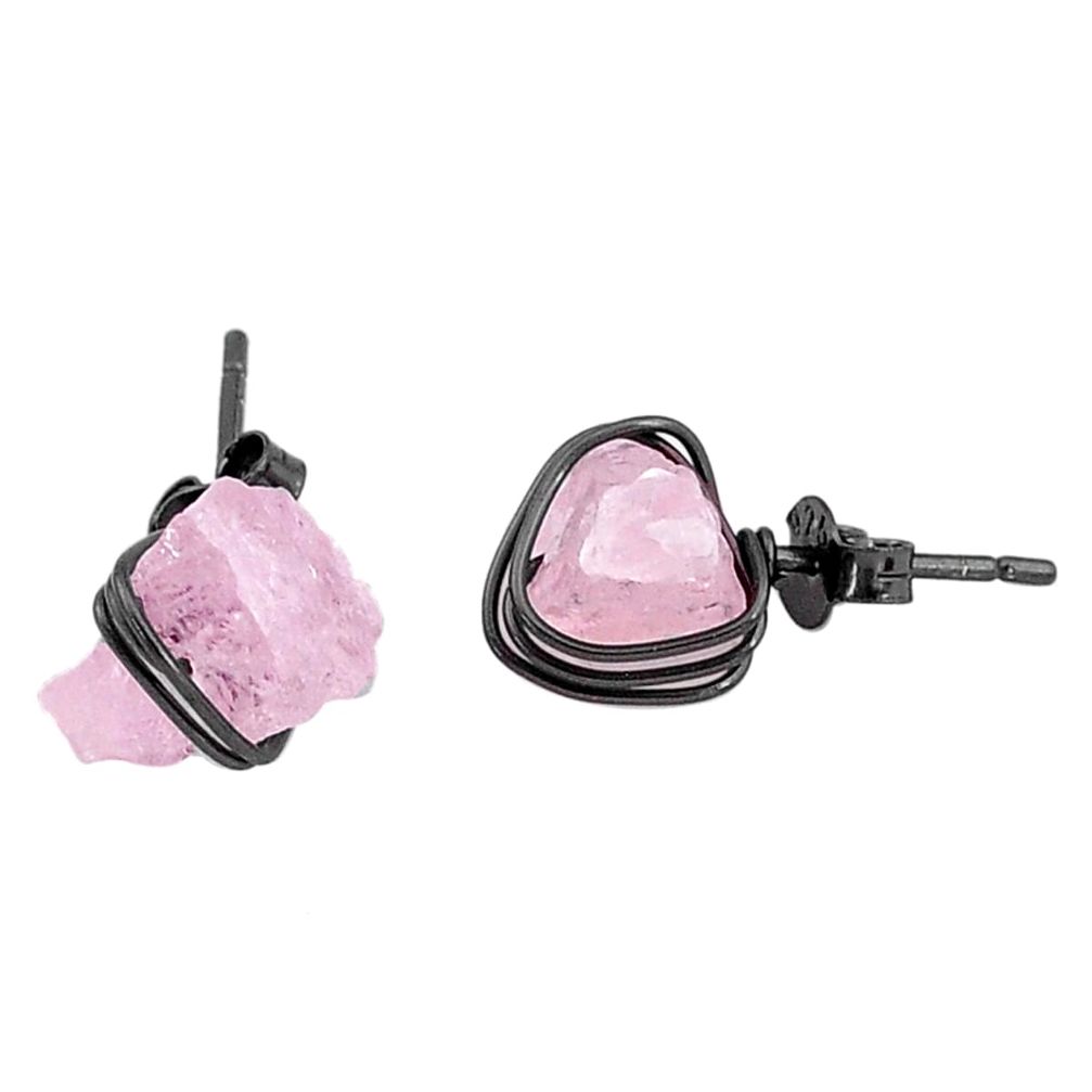 8.38cts black rhodium natural pink rose quartz raw silver stud earrings t6541