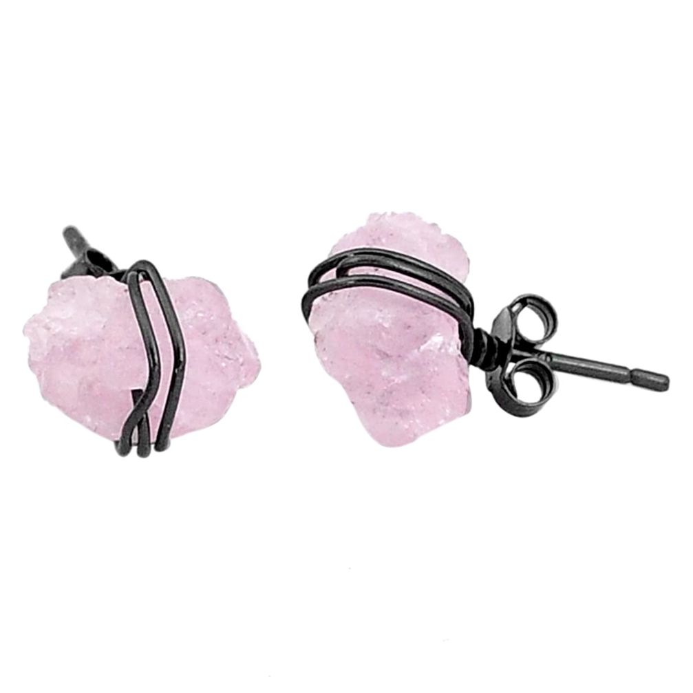 7.19cts black rhodium natural pink rose quartz raw silver stud earrings t6542