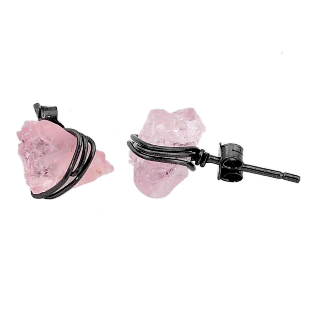 7.19cts black rhodium natural pink rose quartz raw silver stud earrings t6543