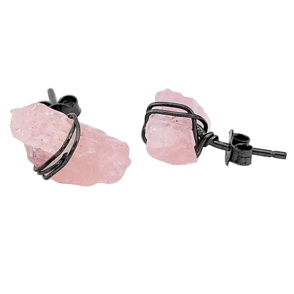 8.29cts black rhodium natural pink rose quartz raw silver stud earrings t6544