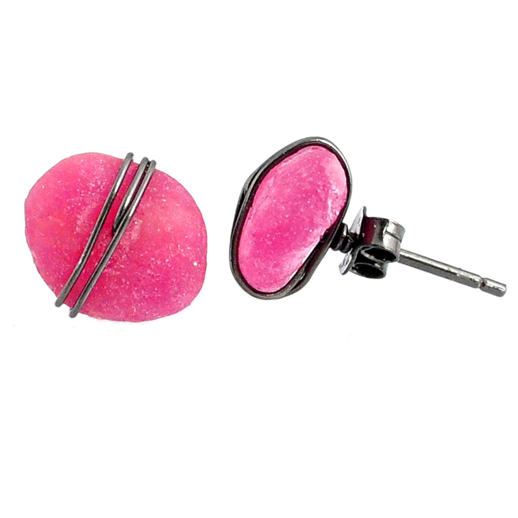 8.46cts black rhodium natural pink ruby raw 925 silver stud earrings r79658