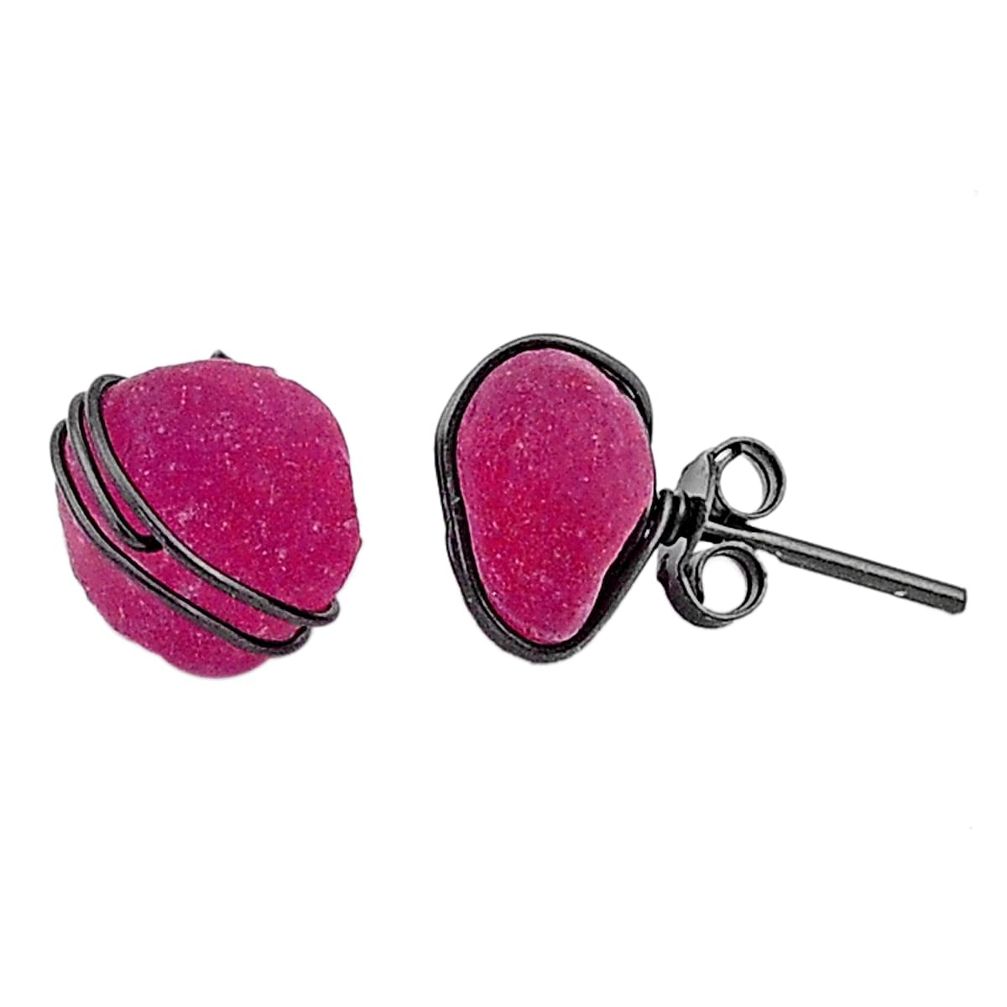 9.45cts black rhodium natural pink ruby raw 925 silver stud earrings t6516