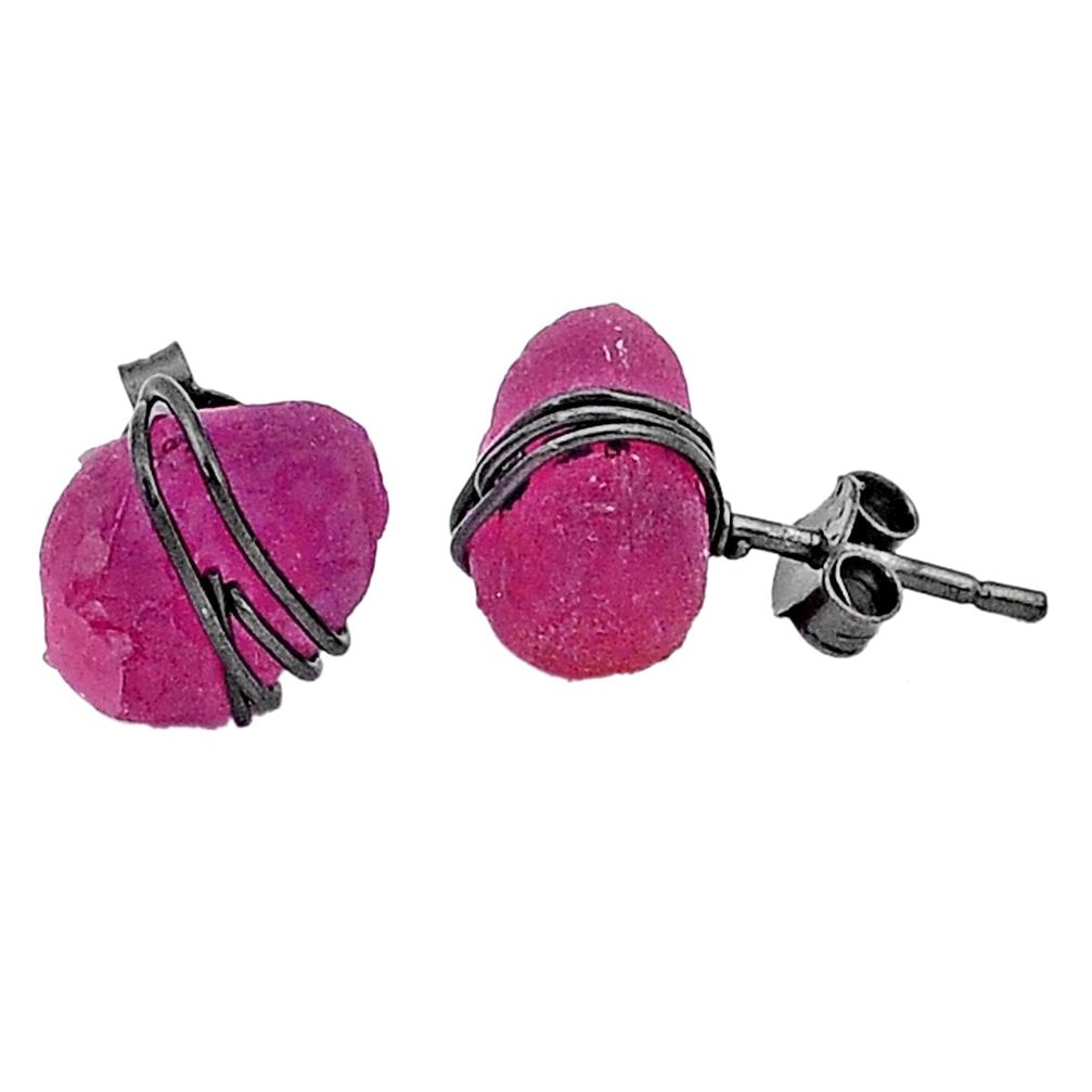 8.90cts black rhodium natural pink ruby raw 925 silver stud earrings t6517