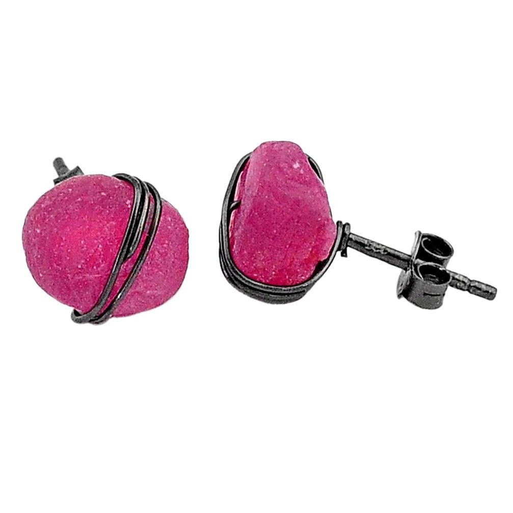 9.40cts black rhodium natural pink ruby raw 925 silver stud earrings t6519