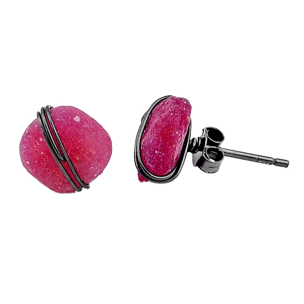 8.38cts black rhodium natural pink ruby raw 925 silver stud earrings t6520