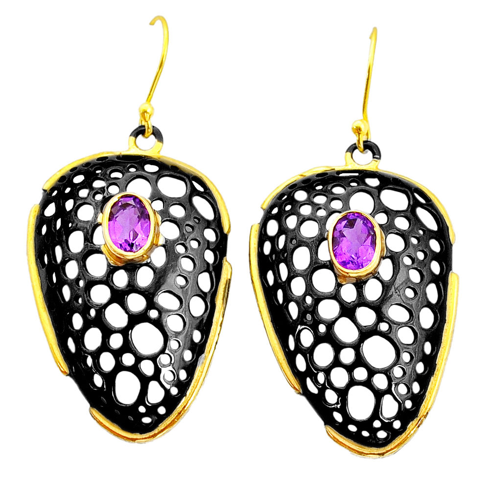 Clearance Sale- 3.11cts black rhodium natural purple amethyst 925 silver gold earrings y24146