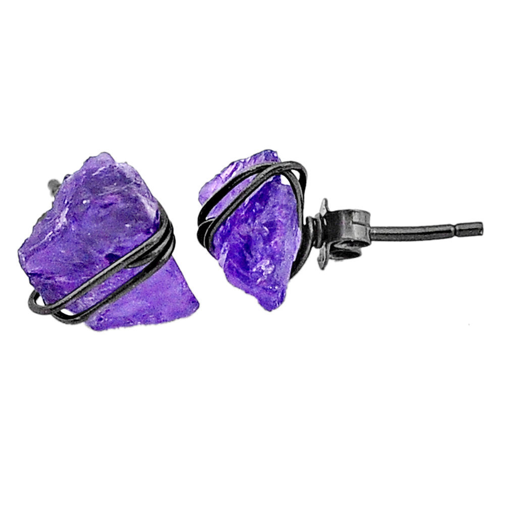 5.89cts black rhodium natural purple amethyst raw silver stud earrings t6512