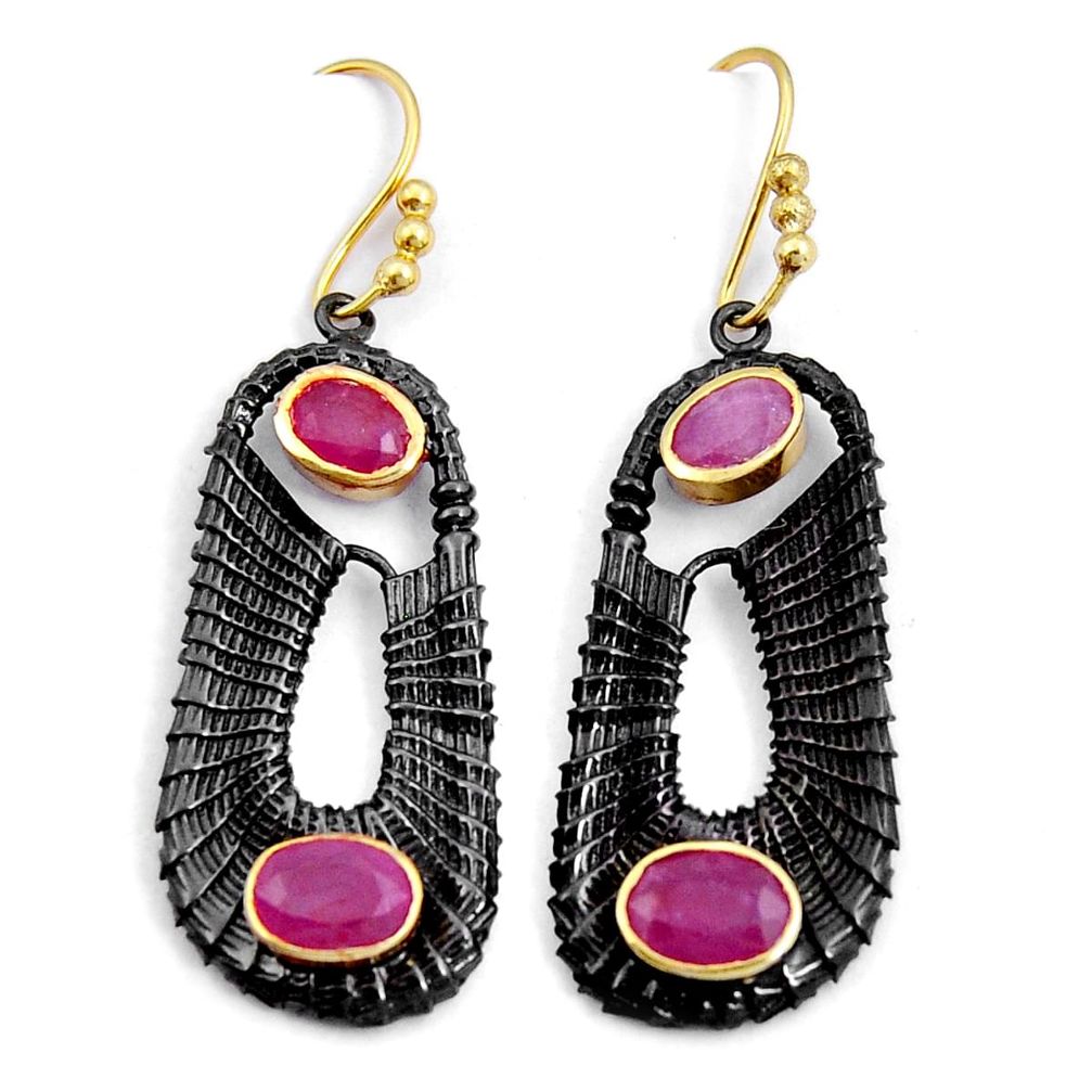 6.95cts black rhodium natural red ruby 925 silver gold dangle earrings y6182