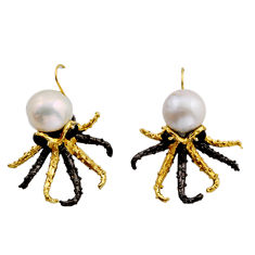 16.19cts black rhodium natural white pearl silver gold octopus earrings y83721