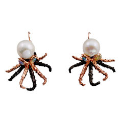 15.82cts black rhodium natural white pearl silver gold octopus earrings y83722