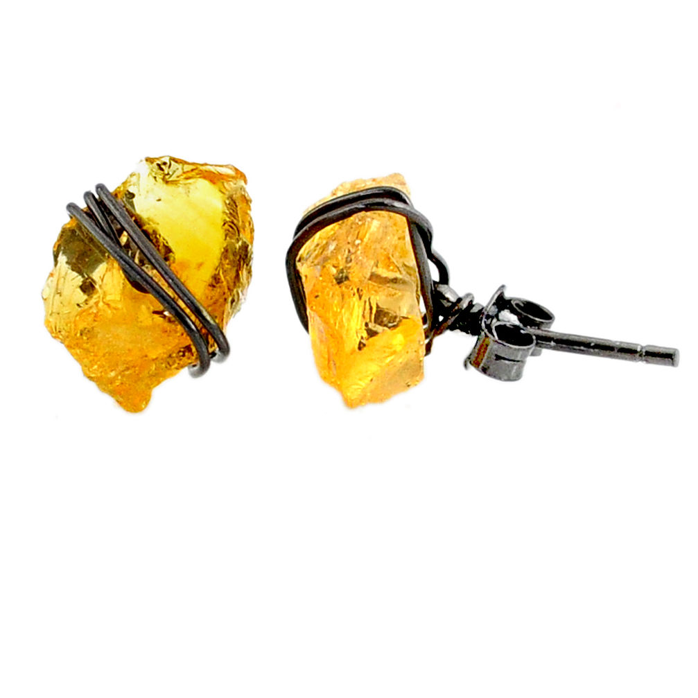 6.55cts black rhodium yellow citrine raw 925 silver stud earrings r79661