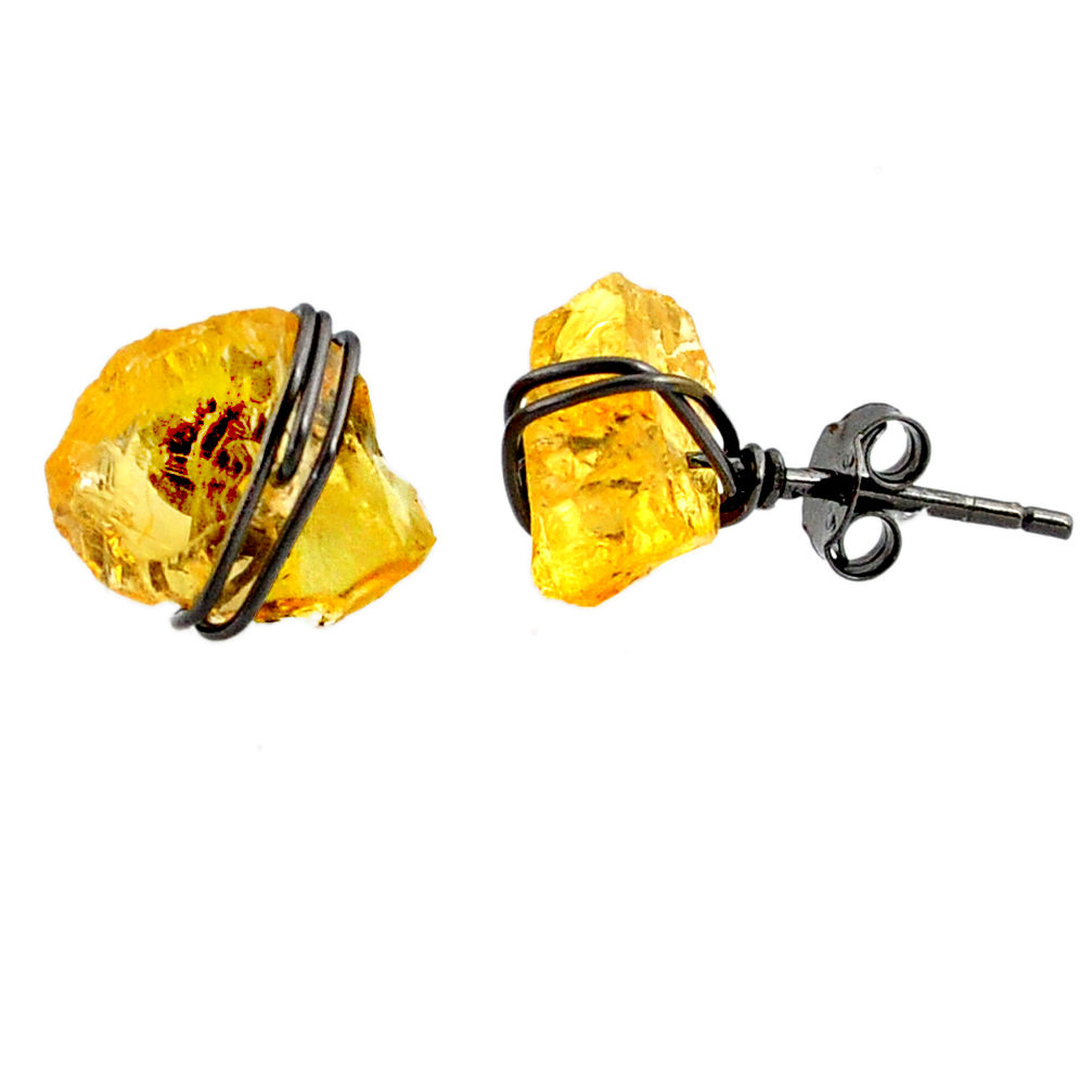 7.80cts black rhodium yellow citrine raw 925 silver stud earrings r79662