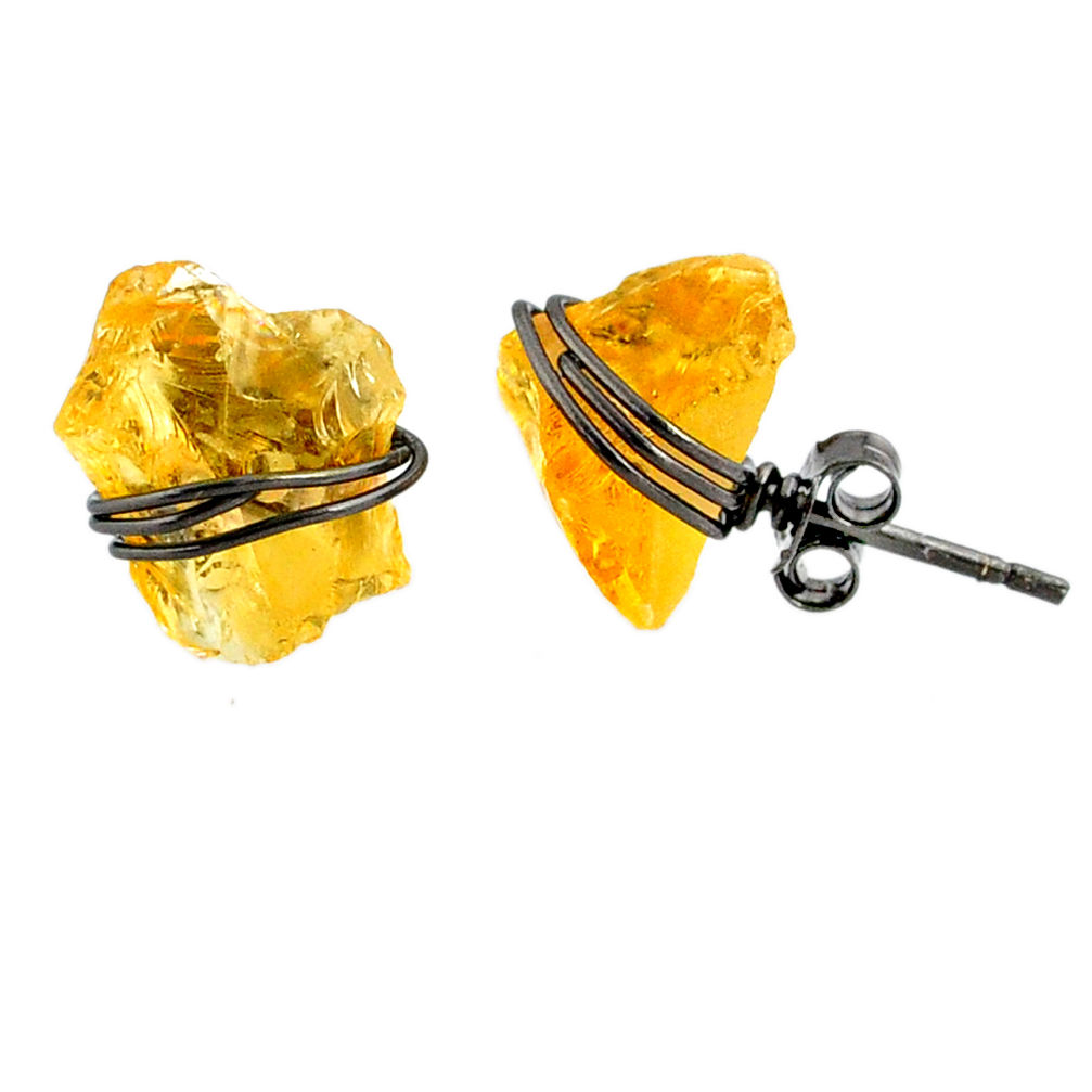 7.63cts black rhodium yellow citrine raw 925 silver stud earrings r79665